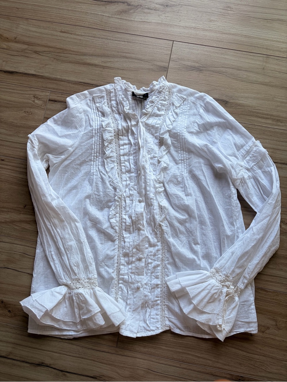 PAIGE White 100% Cotton Ruffle Pintuck Lace Trim Button Front Blouse Top L